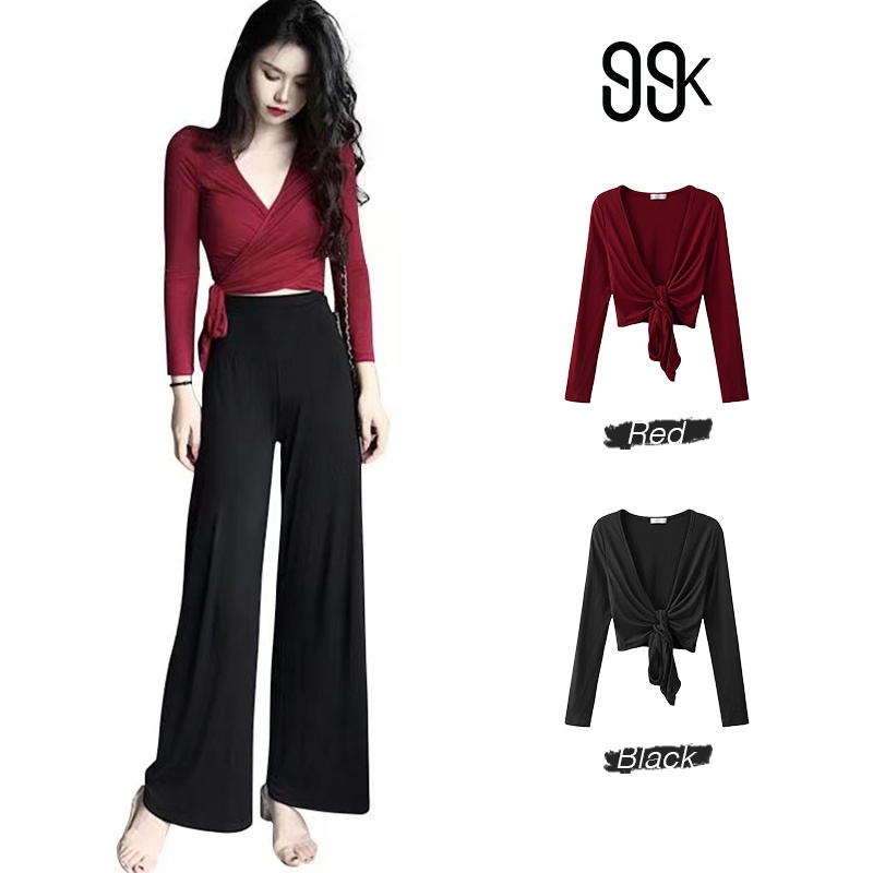 Long Sleeve V-Neck Crop Top T-Shirt Atasan Lengan Panjang 1190 (XS-XL)