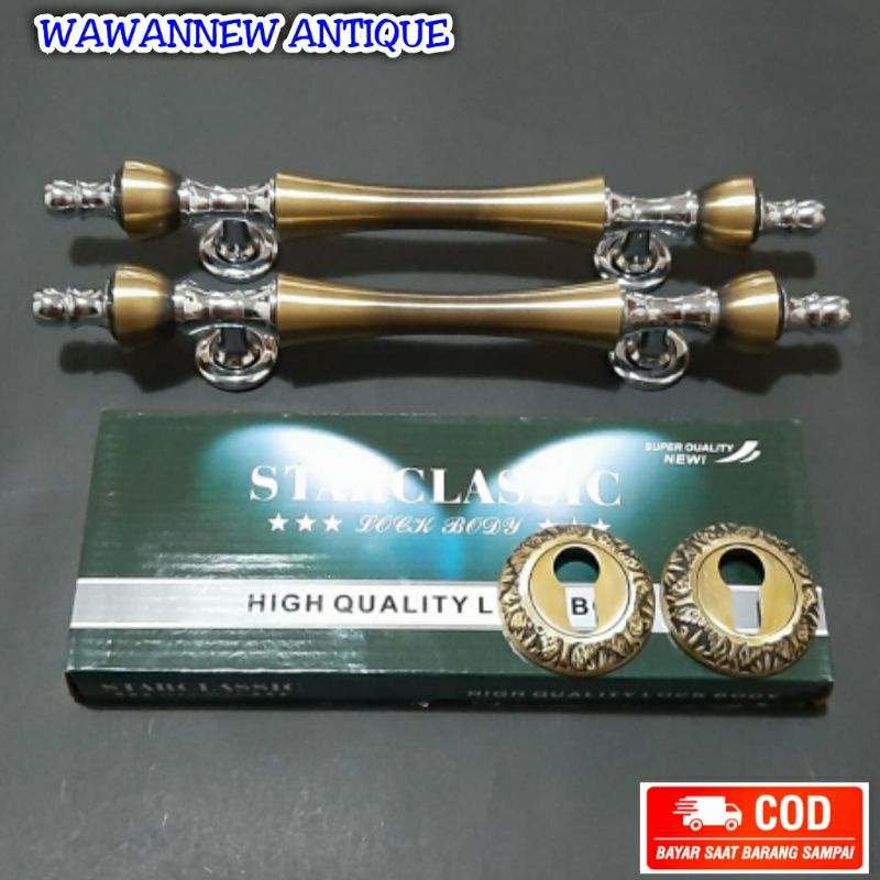 Handle Pintu / Gagang Pintu Rumah Pagar Kuningan Motif Dahlia Chrome Antik 34cm