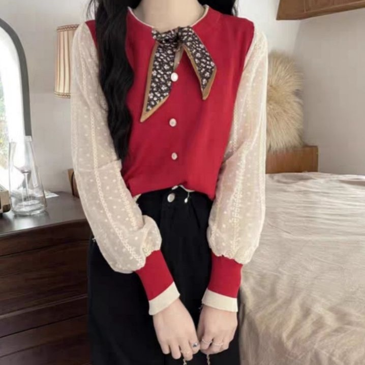 7259 Baju Atasan kemeja blouse Pakaian Blus lengan panjang balon puff kerah pita bahan Knit rajut im