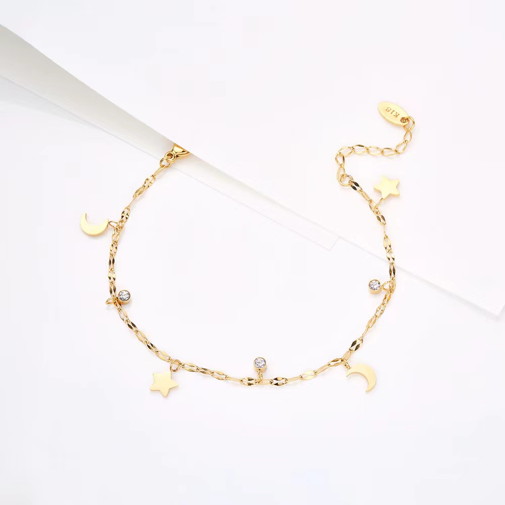 ⭐️♥️️✅COD✨Gelang Serut Titanium Wanita Inisial Bulan Bintang Lapis Emas Fashion Korea Aksesoris Bracelet Steel Stainess D815