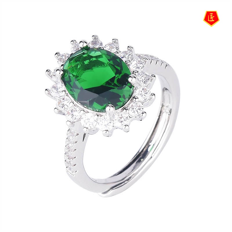 [Ready Stock]Elegant Inlaid Oval Natural Emerald Ring