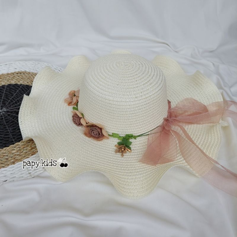 Topi pantai mahkota tanggung PG2/ Topi pantai mahkota bunga anak/ Topi import