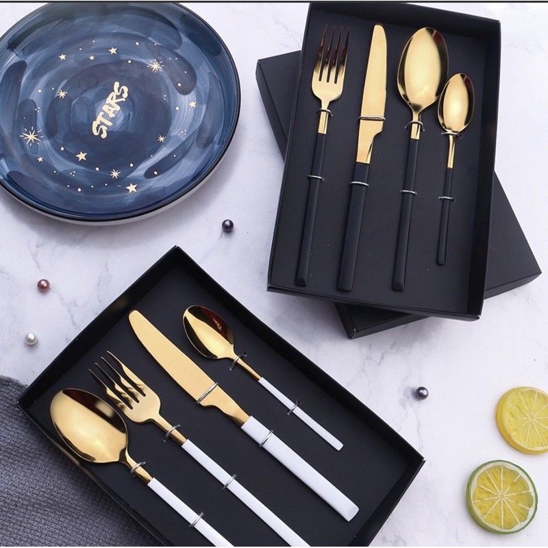 Cutlery Set Golden BNIB Alat Makan Sendok Garpu Knive Tea Spoon Fork Chopstick Gold Pink Black Malang Food Foodies Fancy Pretty Beautiful Round Platter Photograph Photography Premium Quality Stenlis Stenlish Steel Hoki