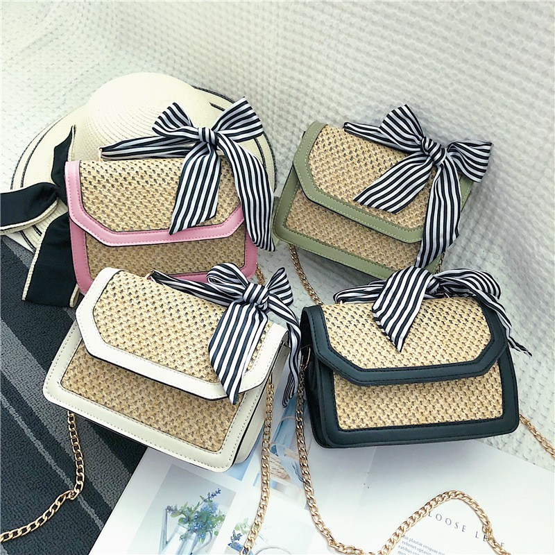 Tas Handbag Selempang Bahu Bahan Anyaman Jerami Aksen 