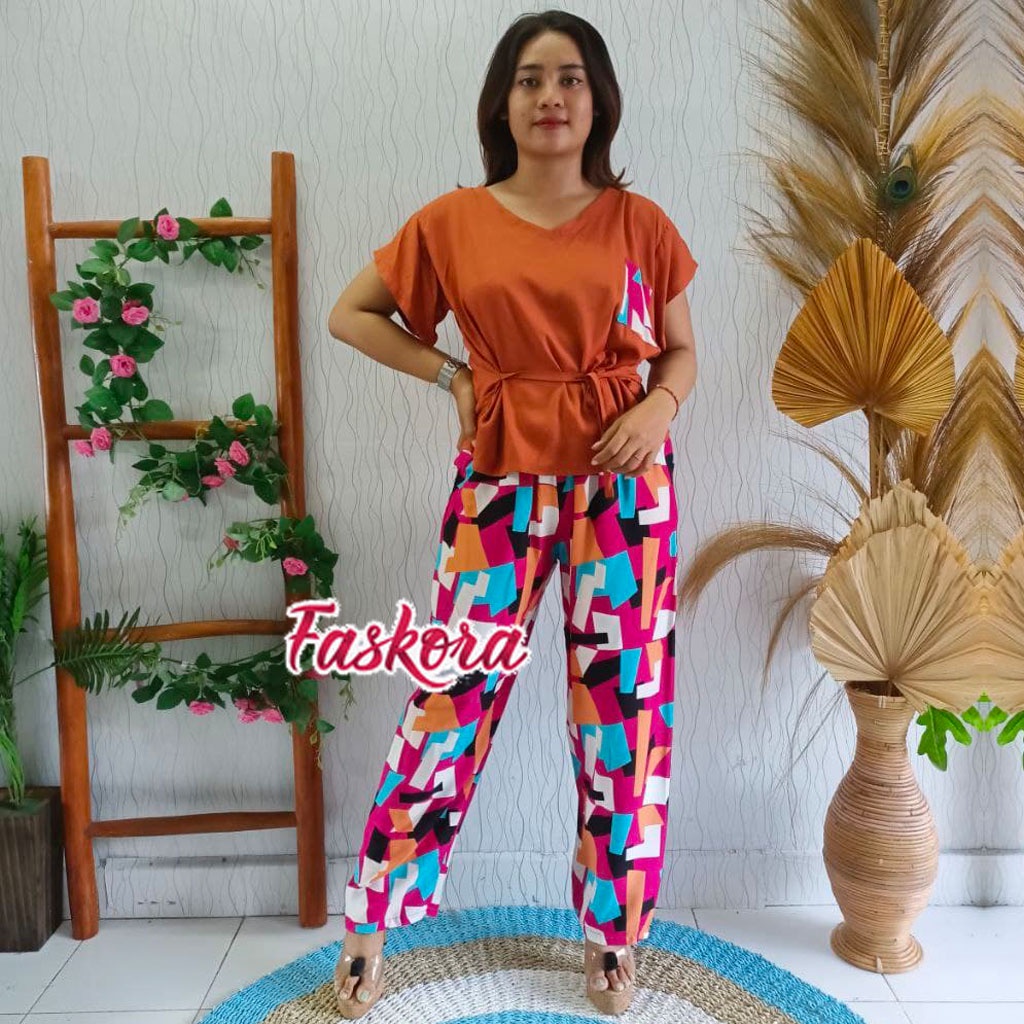 Piyama Wanita Rayon Jumbo Setelan Baju Tidur Kekinian Motif Geometri Lengan Pendek