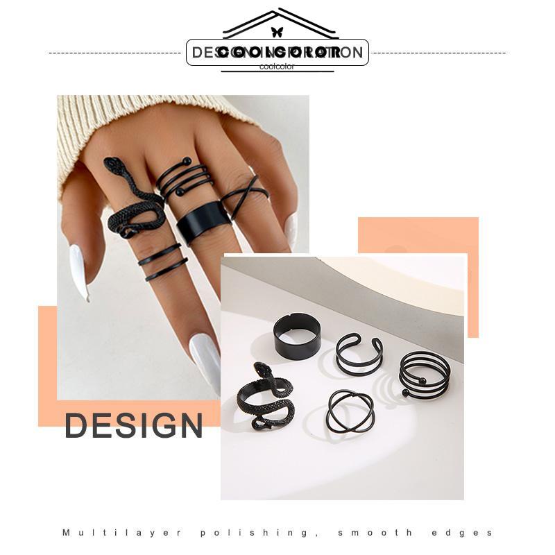COD 5Pcs/Set  kreatif ms. Jane cincin wanita menggabungkan cincin ular hitam geometri- cl