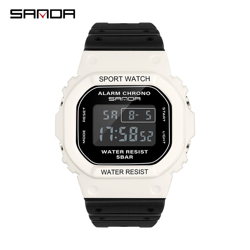 SANDA 293C Jam Tangan Wanita Pria Digital Tali Rubber Chronograph Anti Air CURRENOS-Hitam Putih