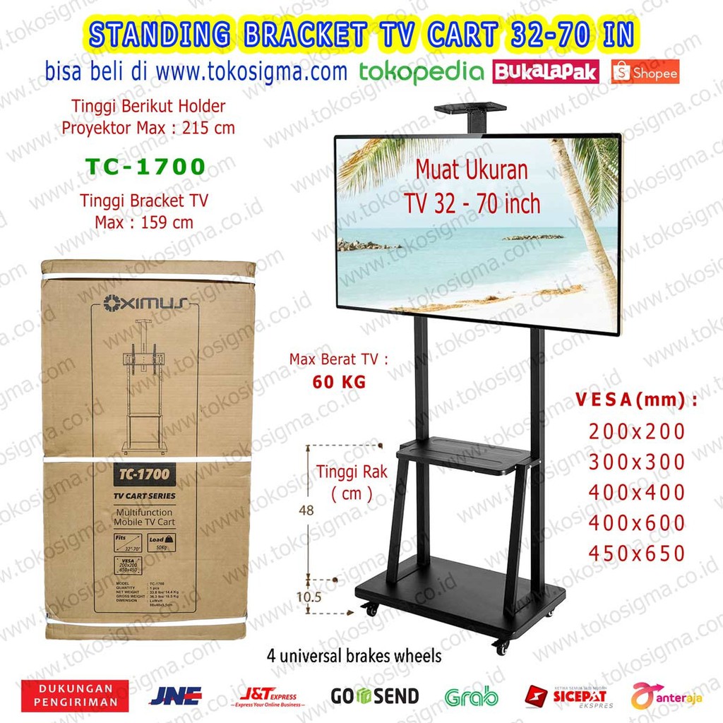 BRACKET TV STANDING BERDIRI RODA PORTABLE RACK TC1700 FLAT TV 32-70 IN