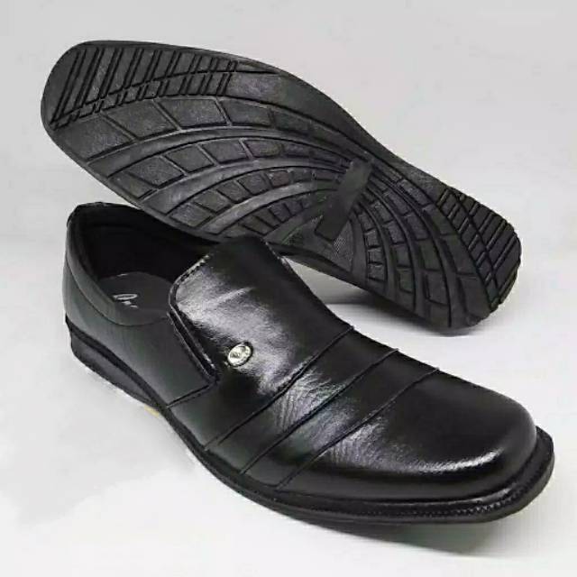 Sepatu pantofel pria kerja dinas kulit sintesis imitasi flat sol tanpa hak warna hitam
