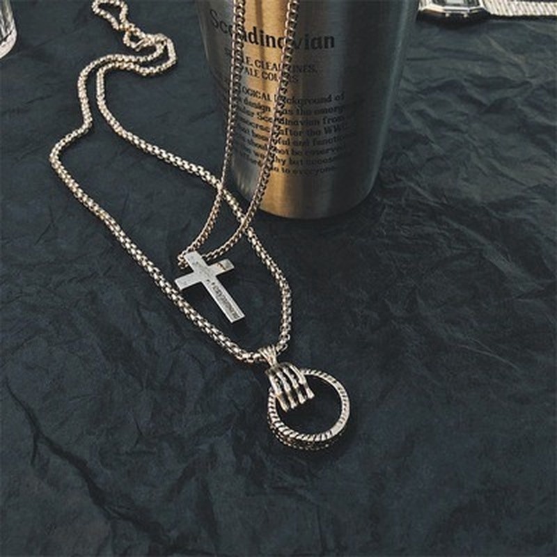 European and American popular ghost hand ring necklace soil cool bungee cross pendant hip hop multi-layered accessories for men and women  210818