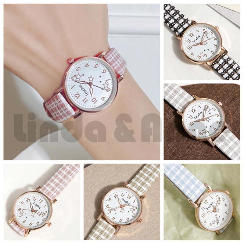 Jam Tangan Analog Wanita Strap Pu Kotak-Kotak Motif Bintang Aksespris Fashion