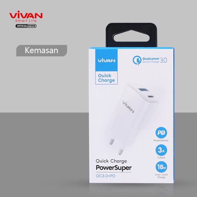 ORIGINAL BATOK Charger VIVAN Dual Port USB (QC3.0) &amp; Type-C (PD) Fast Charging 3A 18W Garansi 1 Tahun Power Super II POWERSUPER 2