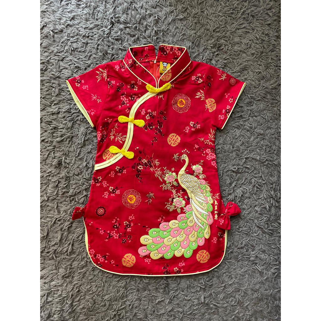 Baju Cheongsam Dress Merah Gambar Burung Merak Sincia Imlek