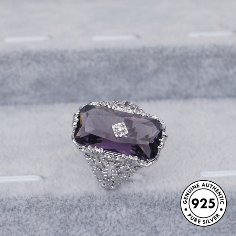 Cincin Silver S925 Bentuk Persegi Panjang Model Hollow Aksen Amethyst