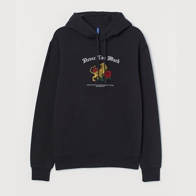 (BISA COD) HOODIE PRIA HM H&M NEVER TOO MUCH BLACK / HITAM