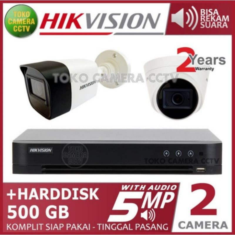 PAKET 2 CAMERA CCTV HIKVISION 5MP AUDIO SUARA LENGKAP HDD 500GB