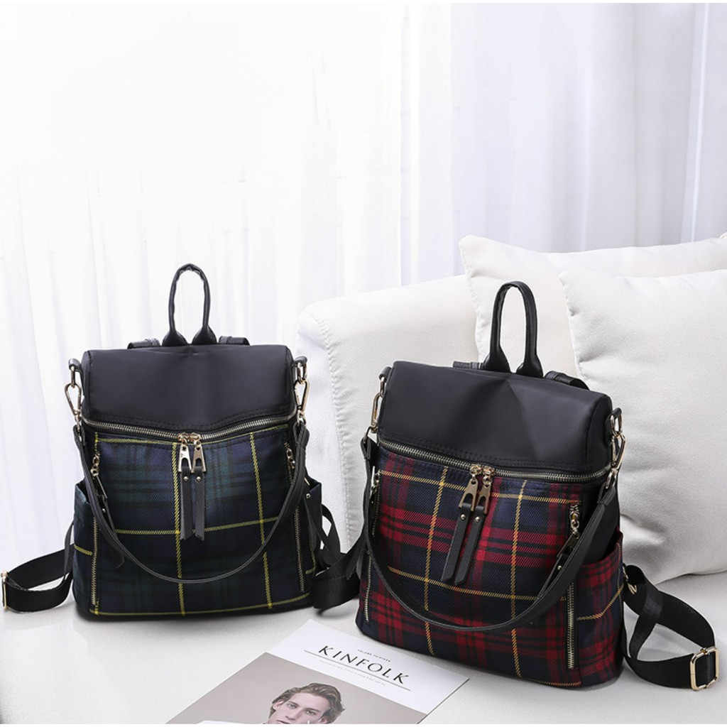 TB-45 tas ransel backpack wanita import korea jepang rainproof plaid besar sekolah kampus