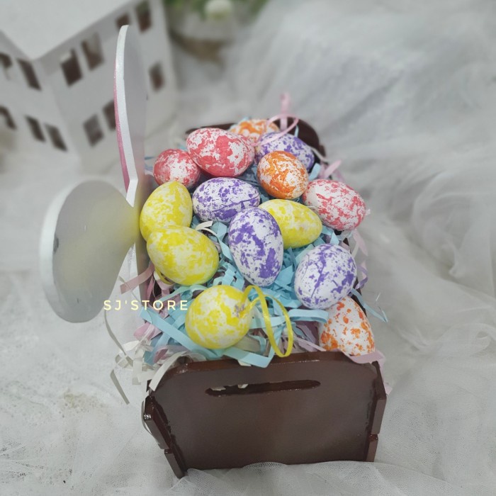 

Easter bunny eggs wooden basket dekorasi meja hadiah hampers paskah