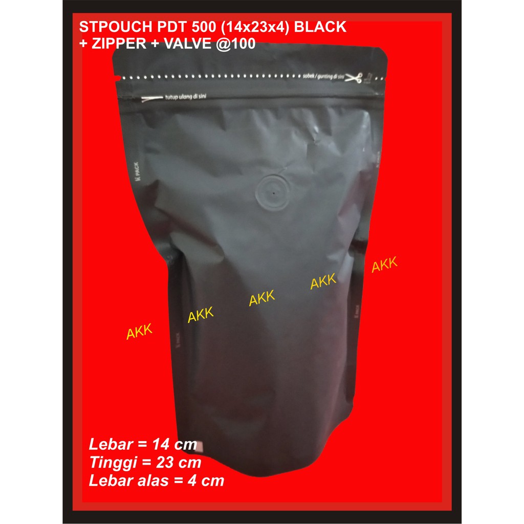 Stand Pouch Pdt 500 Black) + Zipper + Valve / Kemasan Kopi (20 Pcs)