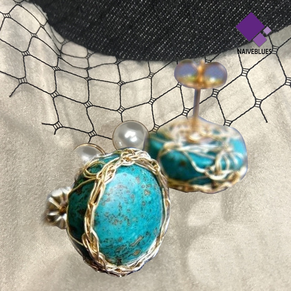 Anting Stud Bentuk Bulat Turquoise Imitasi Gaya Vintage Untuk Wanita