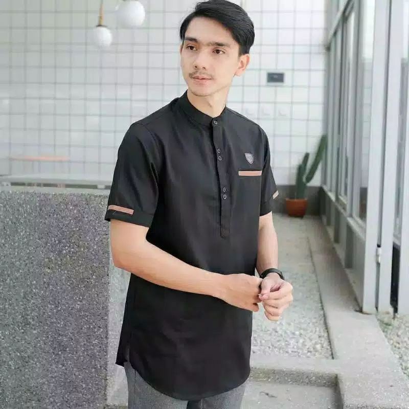 Baju Koko Kurta Dewasa Lengan Pendek Material Catton Adem Serap Keringat-TAJOL(HITAM)