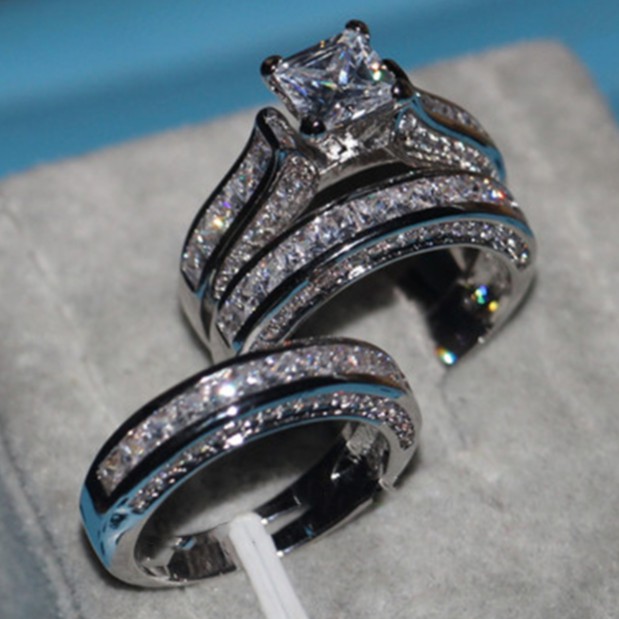 SEUSUK   Engagement Wedding Ring Set Diamond Ring White Gold Filled Party Finger Ring