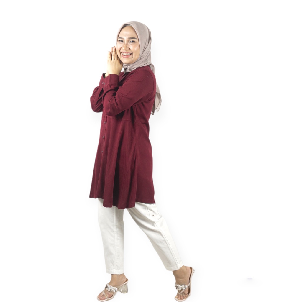 Hermoscha Long Tunik Jumbo Merah Marun Katun Twill Rayon / Atasan Muslim Wanita Premium Murah 1042