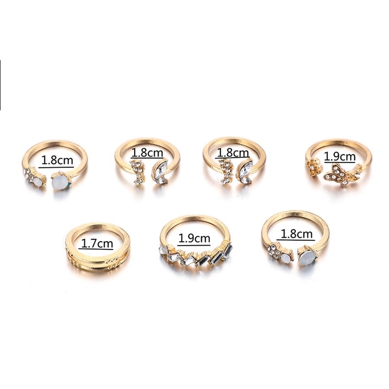 7pcs / Set Cincin Jari Model Terbuka Desain Bunga Kupu-Kupu Geometris Kristal Dapat Disesuaikan Gaya Vintage Untuk Wanita