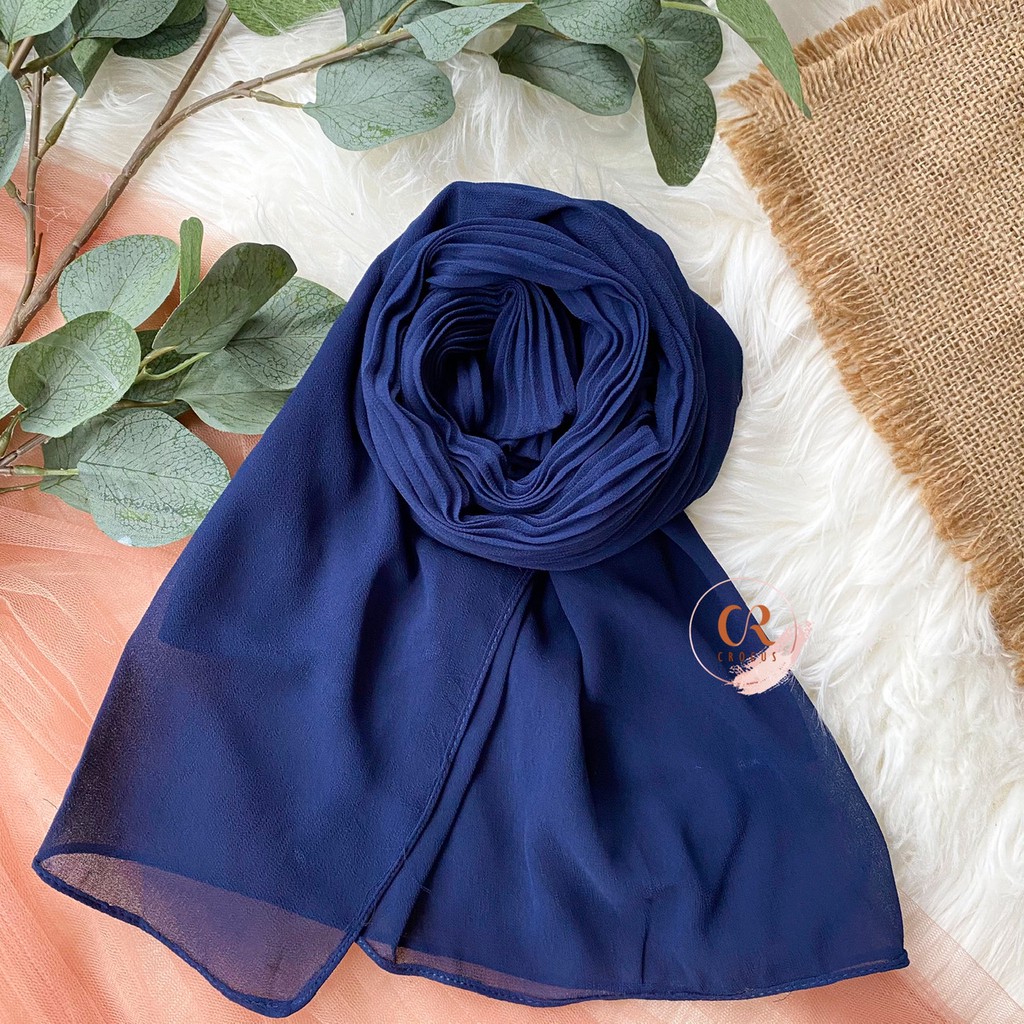 [𝐂𝐫𝐨𝐜𝐮𝐬] (180 * 60cm) Pashmina Plisket Ceruty Baby Doll / Pasmina Pleated Hijab Kerudung-Shawl Full-NAVY BLUE