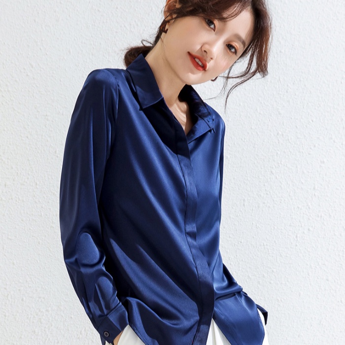 【Moon Blush】Kmeja Wanita Lengan Panjang-Korean Halus Lembut Solid Button  Satin Shirt 7248