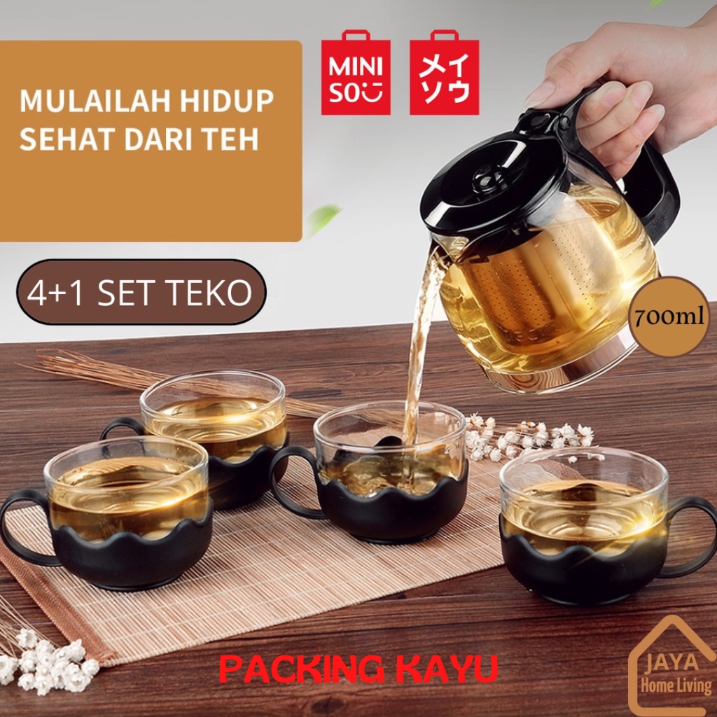 MINISO 4+1 Teko Teapot Set Teh Sederhana 5pcs/set Teh Ketel Kaca Teapot dengan 4pcs Gelas Praktis Ka