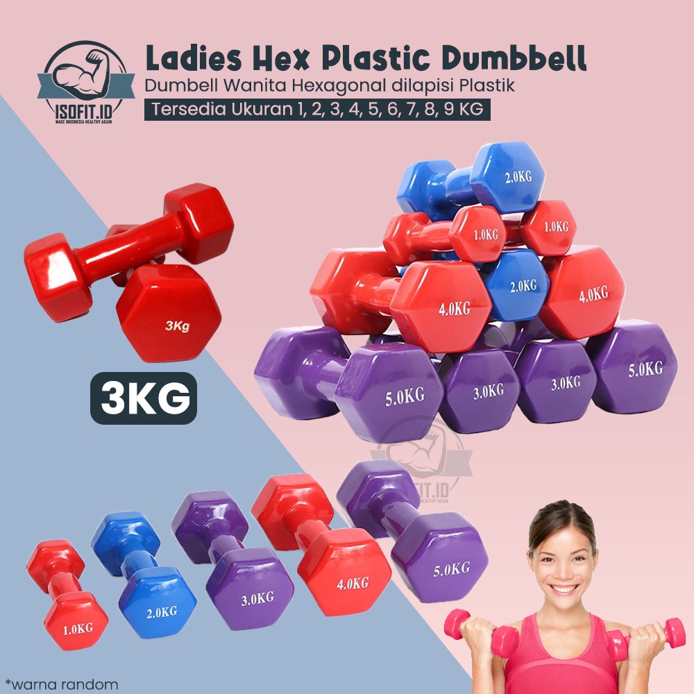 Isofit.id Ladies Hexagonal Plastic Dumbell / Barbel Hexagonal Plastik Wanita Size 3KG