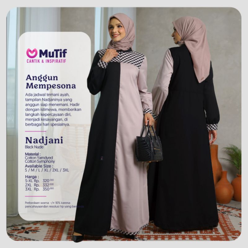 Gamis Premium Nadjani Dress Black Nude by Muti|Gamis Polos Kombinasi Motif Kotak|Gamis Jymbo 3XL|Dre