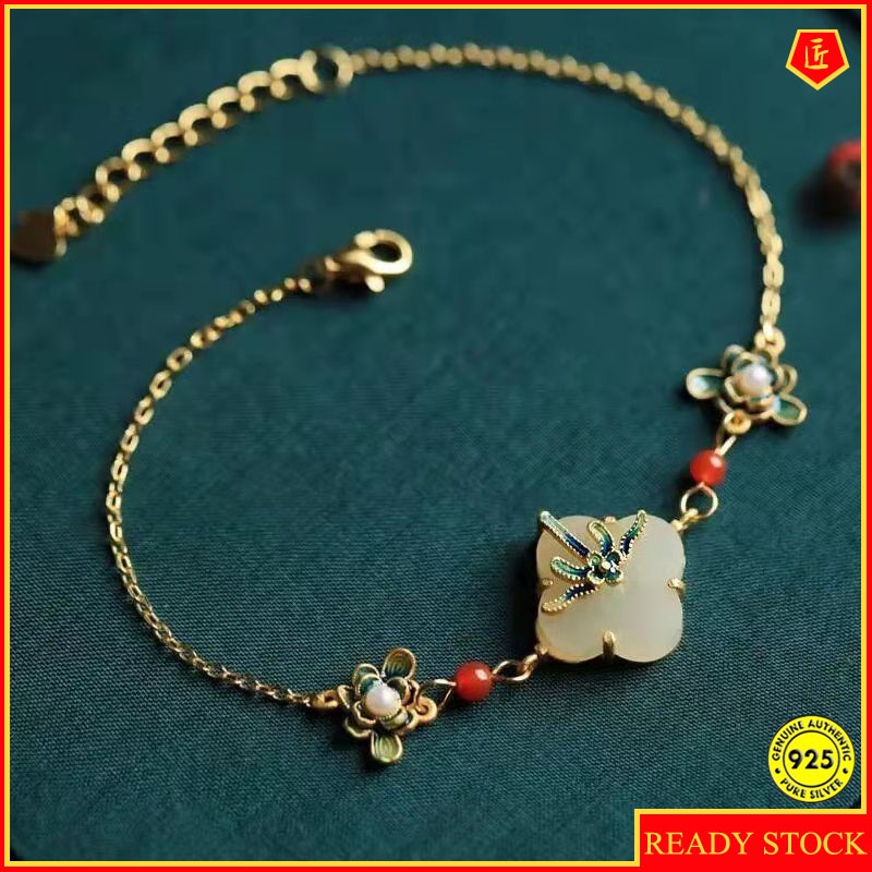 Gelang Giok Hetian Cloisonne Clover Gaya Retro China Antik Untuk Wanita