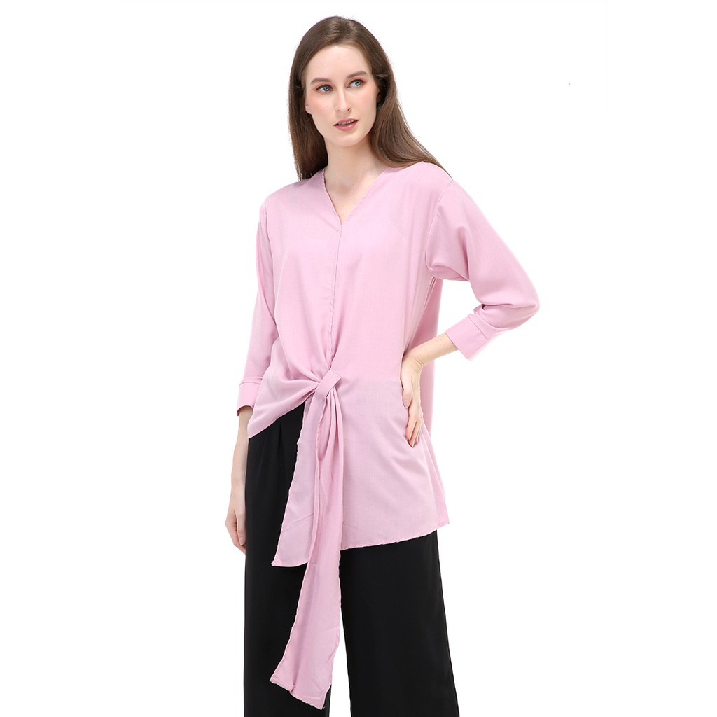 Alena Blouse Long Sleeves Wanita Motif Polos Atasan Wanita Casual - Pink
