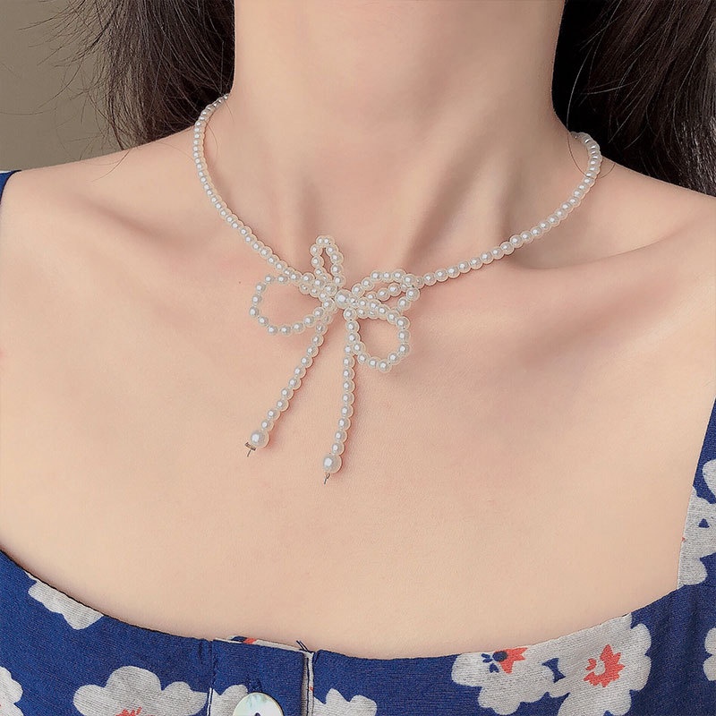 IFYOU Korean Fashion Bowknot Necklace Ladies Pearl Chain Choker Women Jewelry Accessories