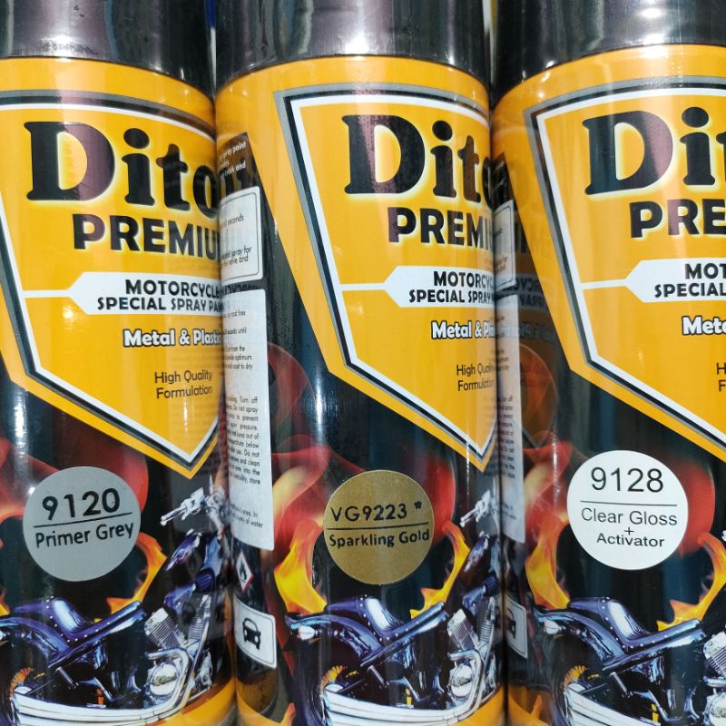 Pilok Paket Lengkap Cat Diton Premium Primer Grey 9120 Sparkling Gold VG9223 9223 Clear Gloss 9128 400cc.. Pilok Paketan Sparkling Gold Cat Semprot Diton Premium 400cc