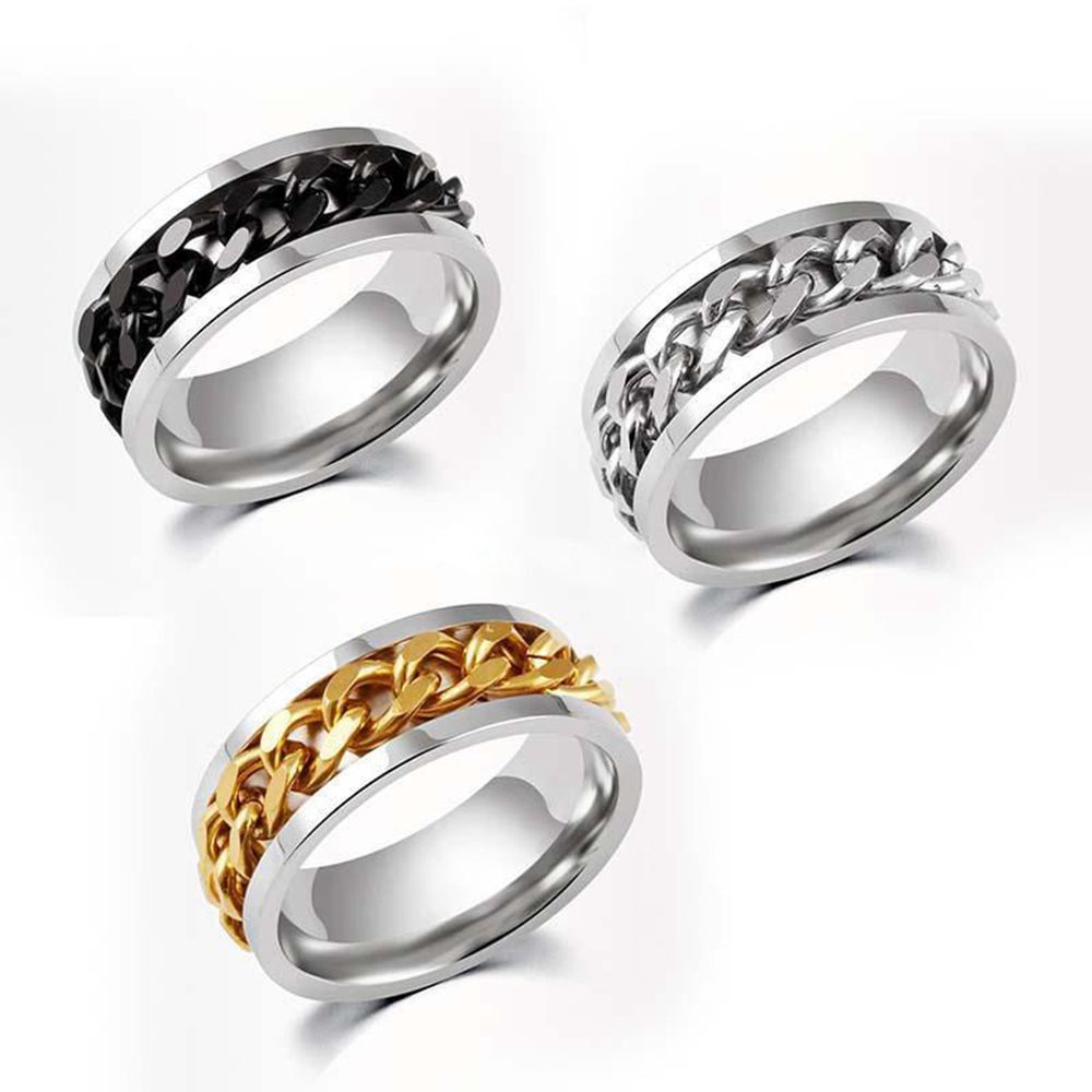 Cincin Model Rantai Spinner Rotatable Bahan Stainless Steel Warna Silver / Hitam / Gold Untuk Pria