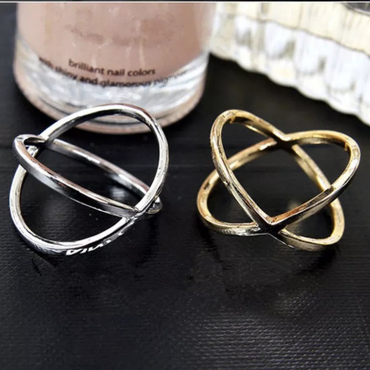 Baru Kedatangan Hot Fashion Wanita Cincin Warna Emas dan Perak X Cross Stereo Surround Hollow Cincin untuk Wanita perhiasan