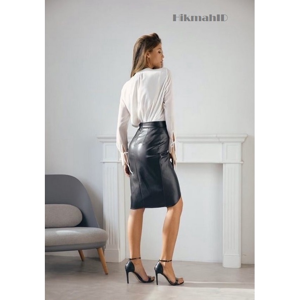 Rok Kulit Sintetis Rok Midi Wanita Leather Skirt Asimetris Model Pensil Wrap Body Streetwear Model Terbaru Kasual