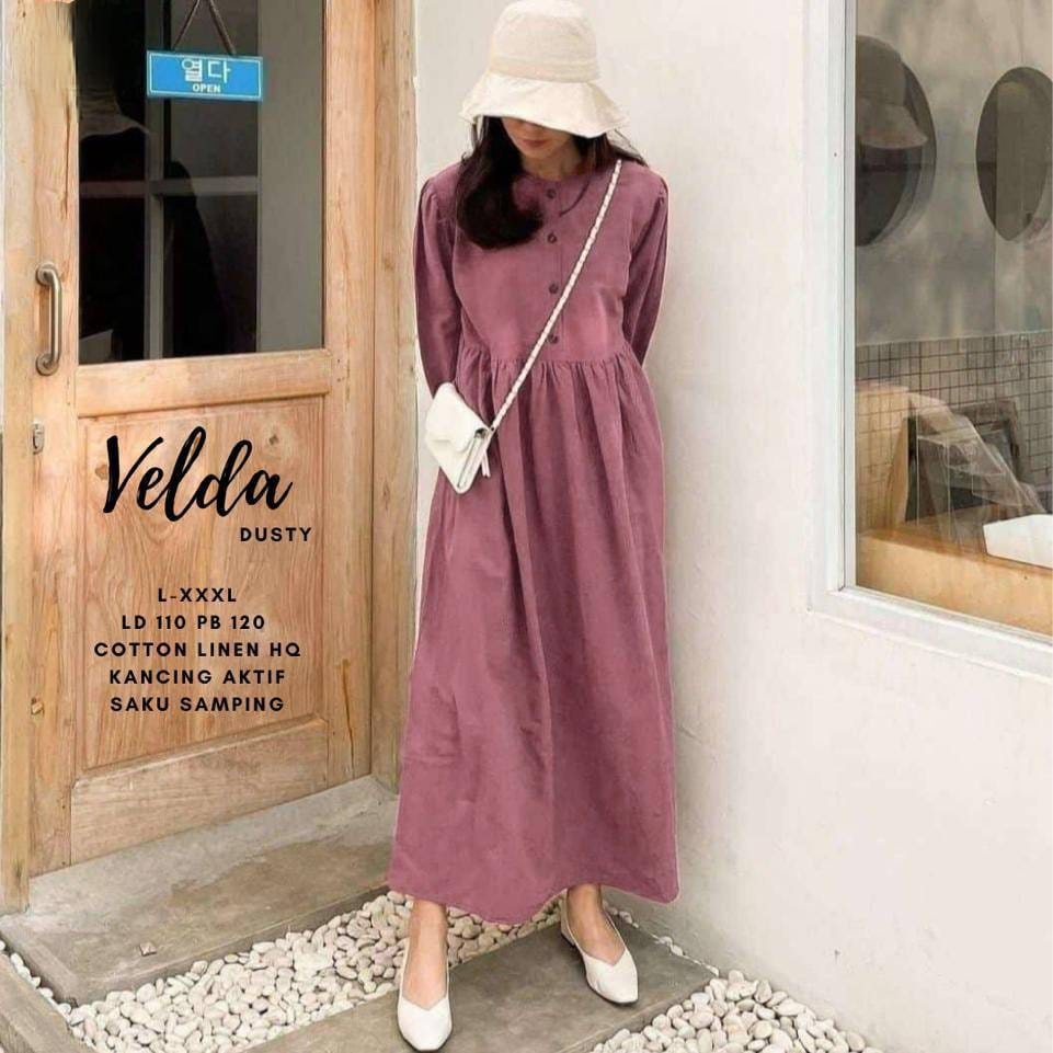 VELDA MIDI DRESS COTTON LINEN LD 110 KANCING AKTIF