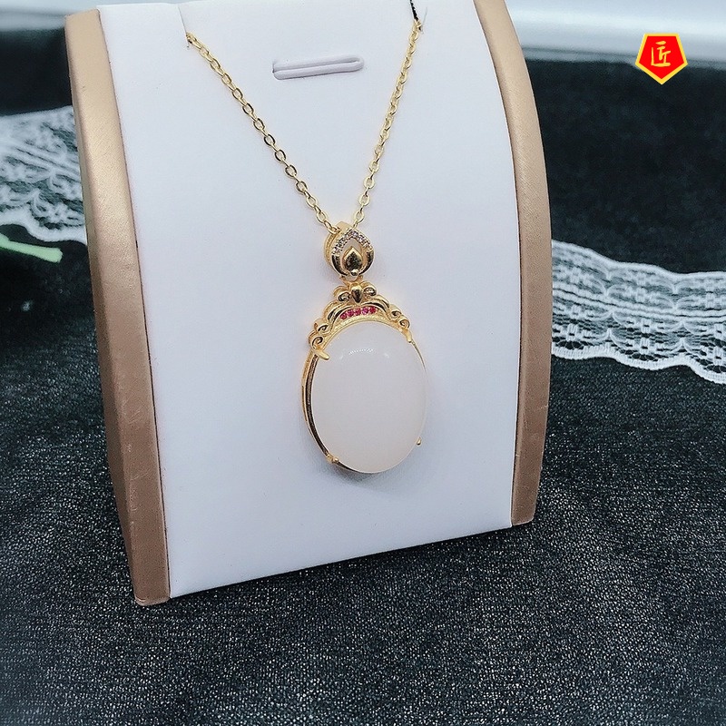 [Ready Stock]Hetian Chalcedony 24K Gold Pendant Inlaid Jade Necklace Women's Elegant Fashion