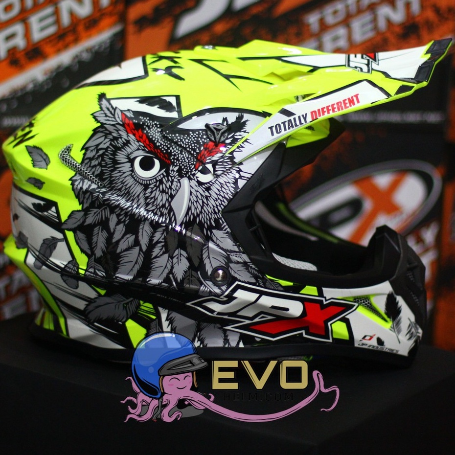 HELM JPX CROSS_FOX1 SERI X13 - FLUO YELLOW GLOSS + GOOGLE SNAIL (ONGKIR 2 KG) JPX X13 MOTIF OWL HELM JPX BURUNG HANTU HELM CROSS YELLOW JPX STABILO