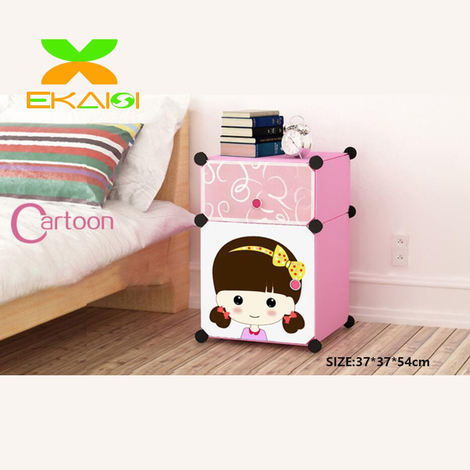 Ekaisi Lemari plastik bedside table anti air rak buku susun 2 pintu/kotak pintu doraemon