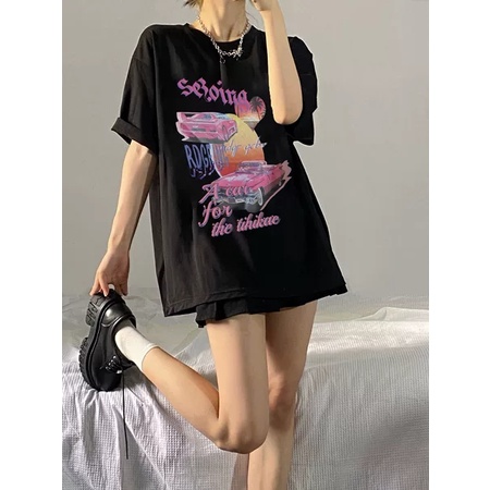 EUNII T-shirt Lengan Pendek Baju Wanita Retro Car Korean Style/Kaos Atasan Wanita/Baju Kaus Oversize Wanita