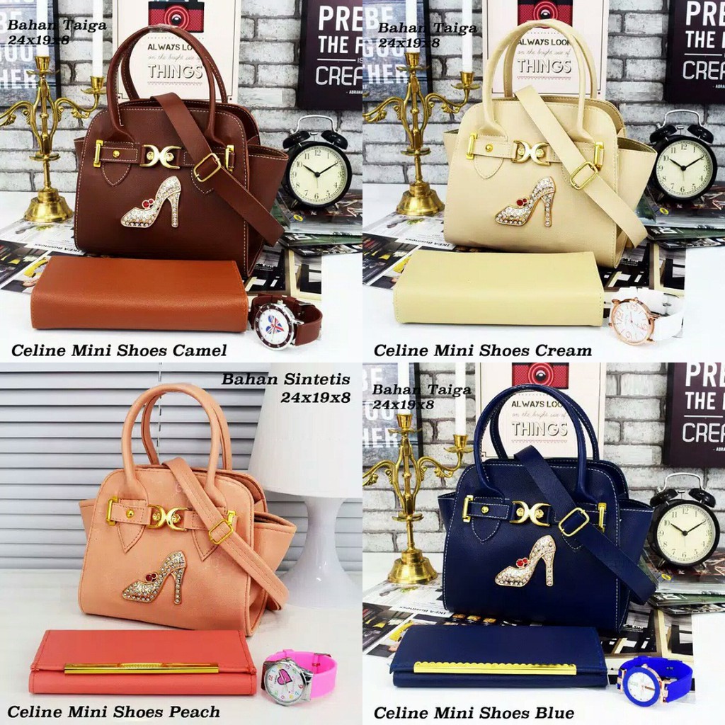Paket Tas Wanita - Dompet Cantik - Jam - Celine Mini Shoes 3 in 1 set