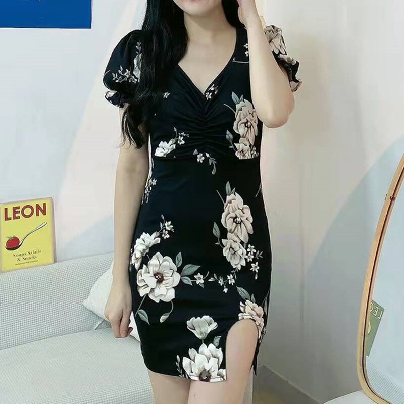 Musim Panas Lengan Pendek Dicetak Floral Celah Dress Mini Elastis Bodycon Gaun Seksi