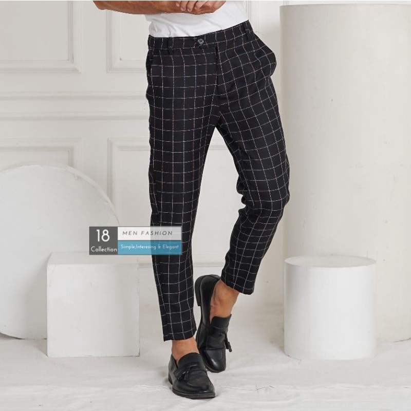 [BISA COD] Trousers Slim Fit Tartan / Chino Pria Motif Kotak / Celana Panjang Pria Kotak Simple