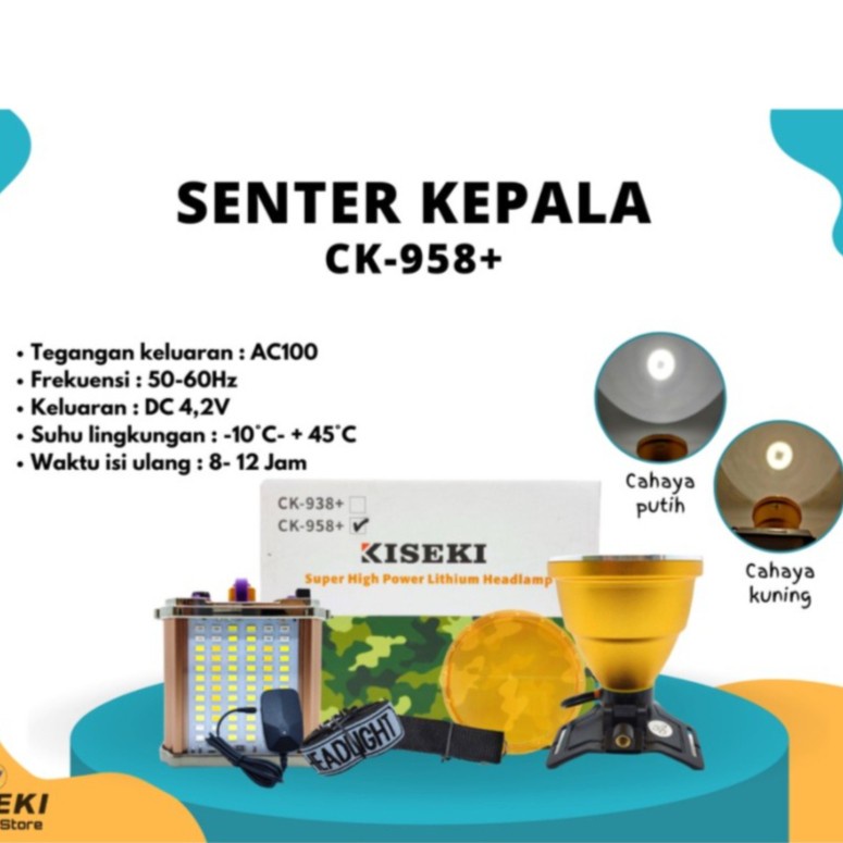 COD Senter Kepala KISEKI 150 WATT CK-958+ Bonus Aki Emergency cahaya putih-kuning