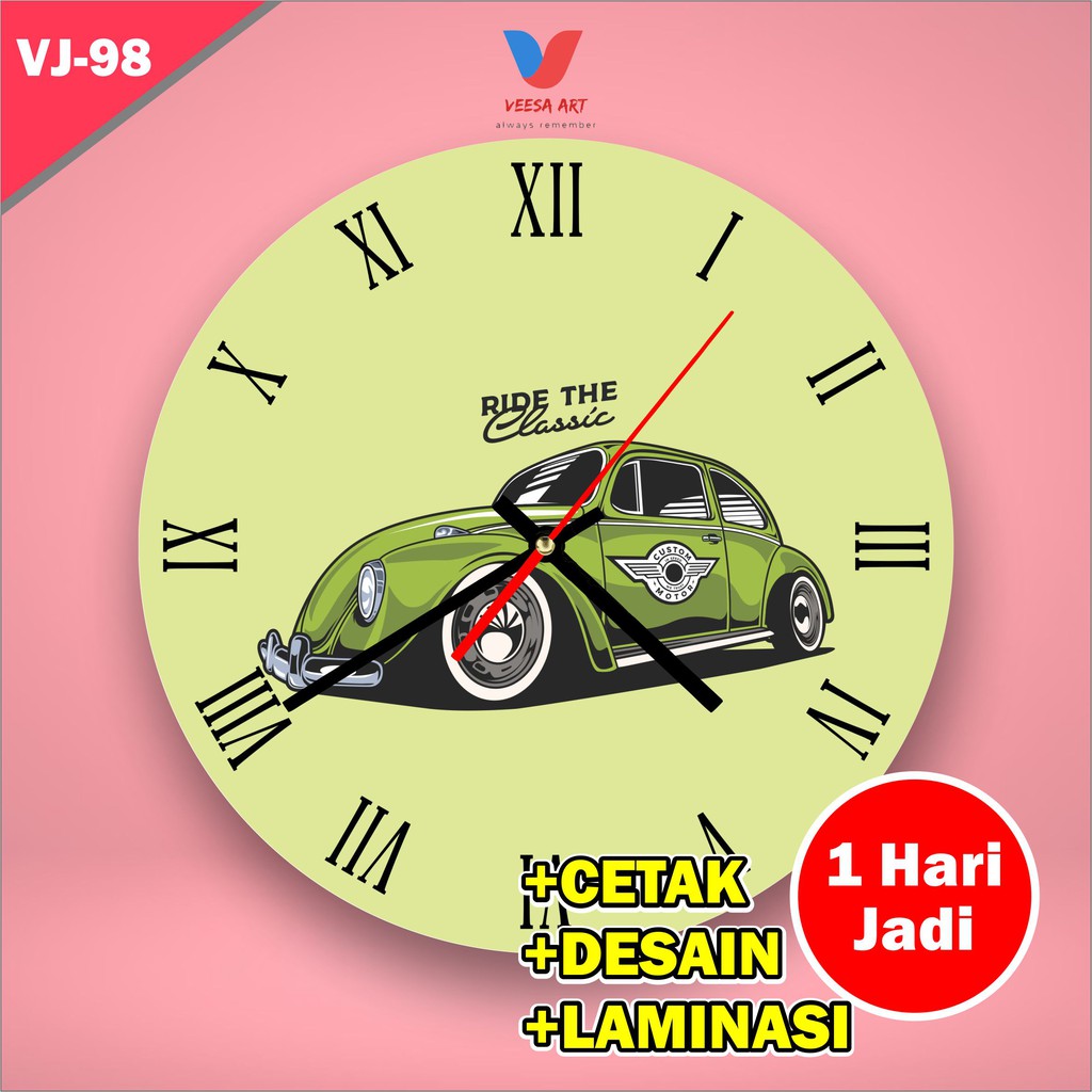 Jam dinding kayu Vintage Classic Klassik murah mobil kodok hijau kayu lucu unik minimalis ruangan kamar tidur cowok pria Dekorasi Ruangan Aesthetik Estetik Lucu Otomotif Tema Karakter Ukuran Diameter 30cm 40cm Kecil Besar Yang Bagus Keren Bunyi Diya Analo